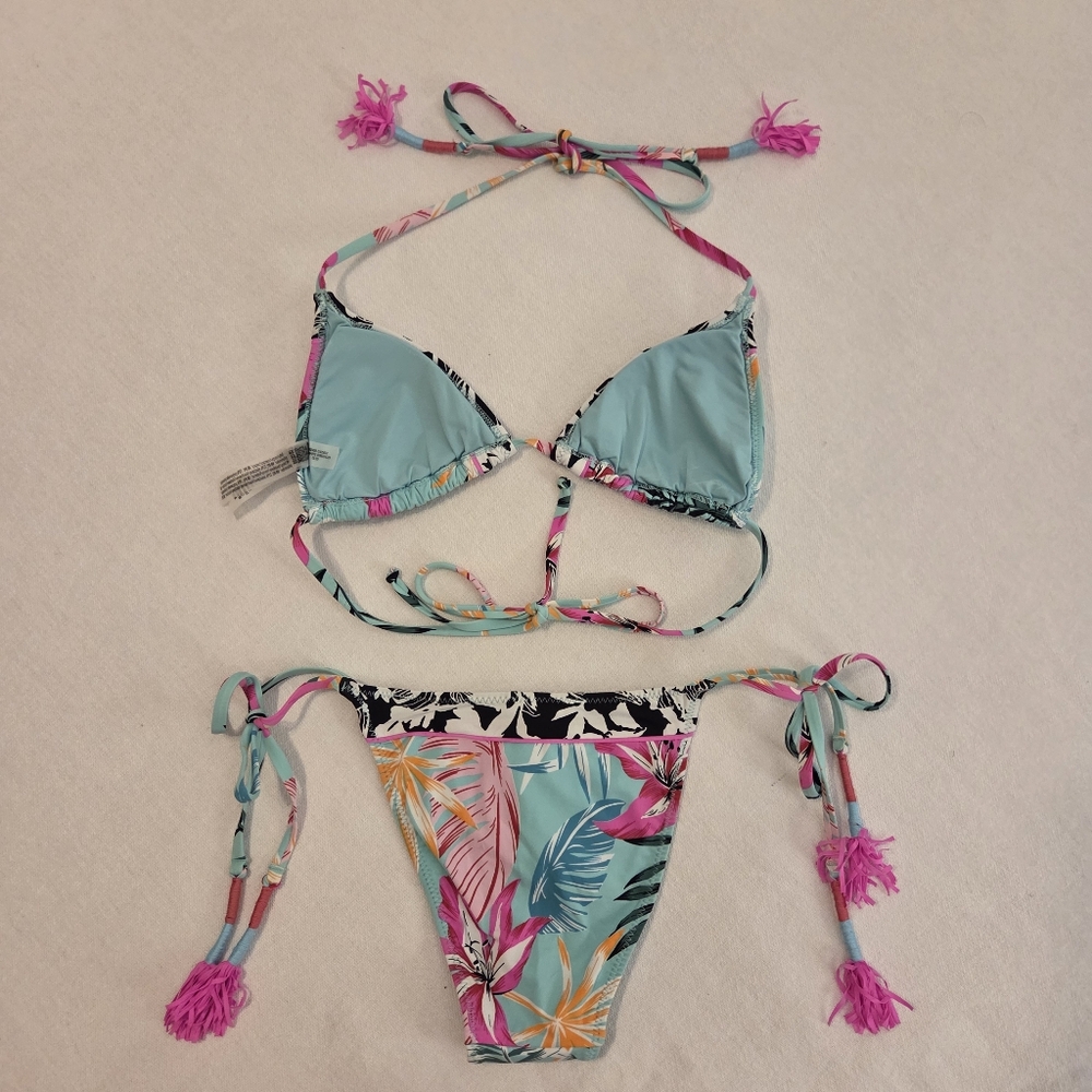 PINK | Victoria's Secret Teal Pink Floral Tropical Tassel Strappy Bikini SZ S/XS - Picture 8 of 11
